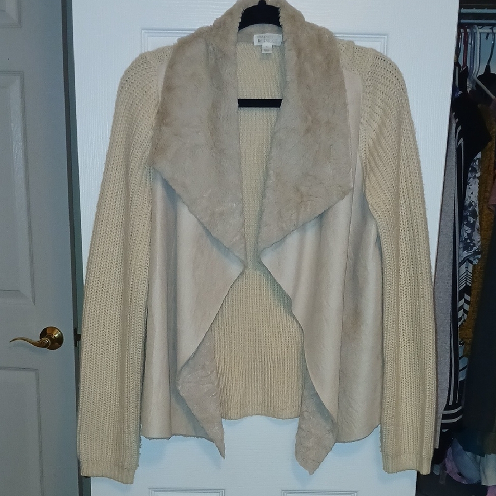 Market & Spruce Knit, Faux Fur & Suede Cream Cardigan Women's Large